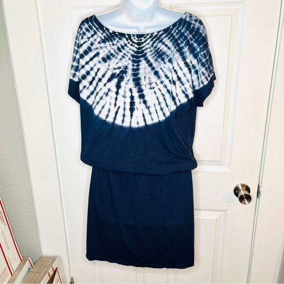 Michael Kors Navy White Tie-Dye Mini T-Shirt Dress Drawstring Jersey Dress L - Picture 7 of 10
